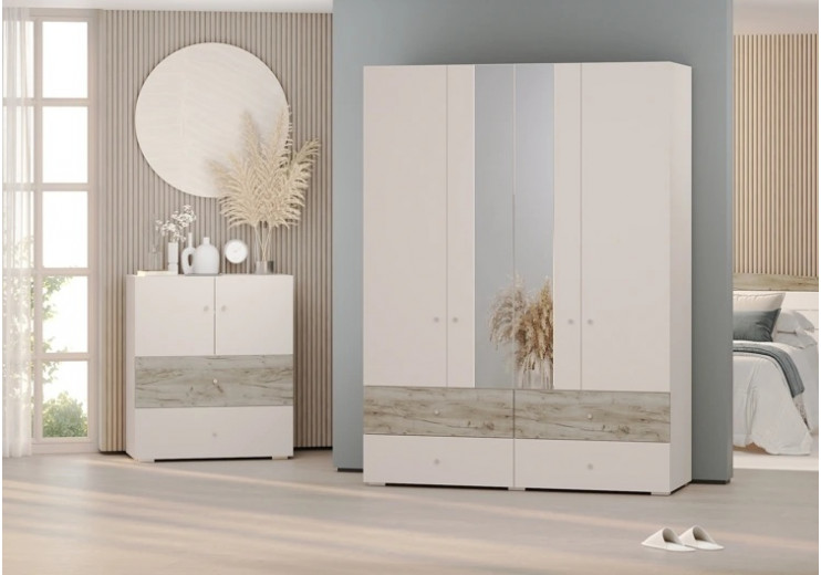 Шкаф 4-х дверный с четырьмя ящиками (кашемир серый/дуб крафт серый)