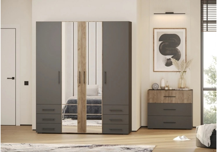 Шкаф 4-х дверный с шестью ящиками (дуб крафт табачный/графит)